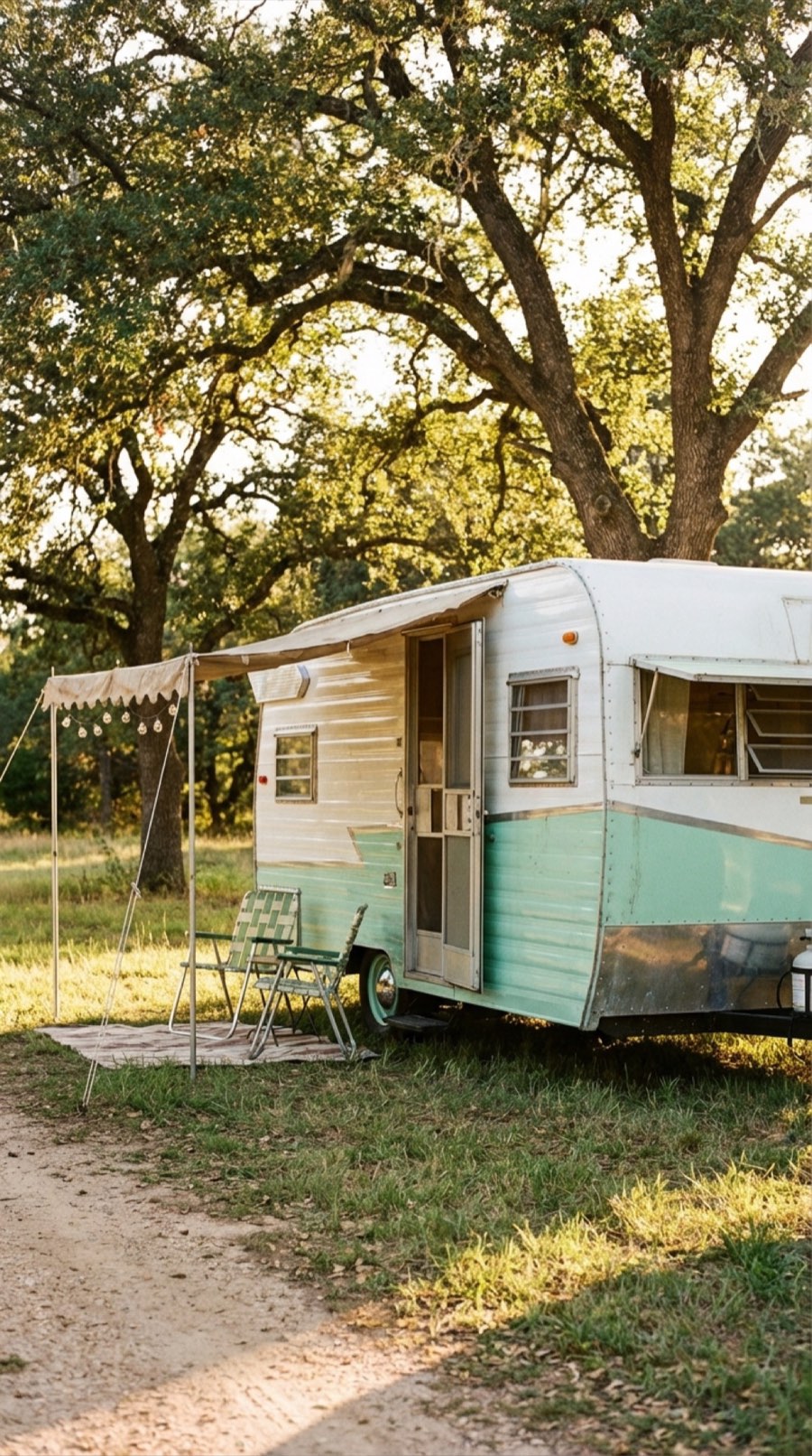 A restored vintage travel trailer in seafoam green and white aluminum siding, parked under live oaks